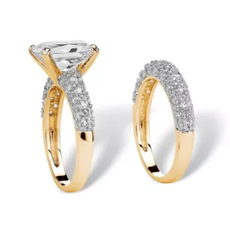 6.50 Cttw. Emerald-Cut Gold-Plated Cubic Zirconia 2-Piece Wedding Ring Set