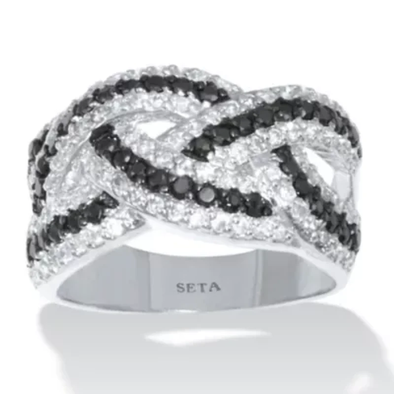 1.79 TCW Cubic Zirconia Black and White Braided Silvertone Ring
