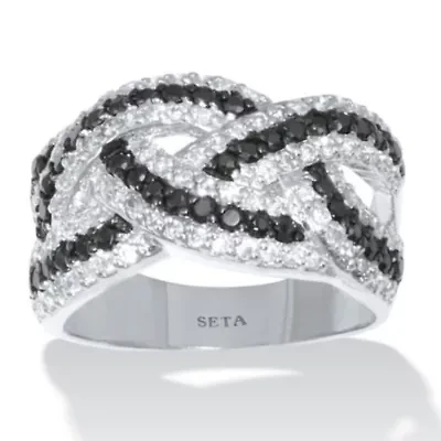 1.79 TCW Cubic Zirconia Black and White Braided Silvertone Ring