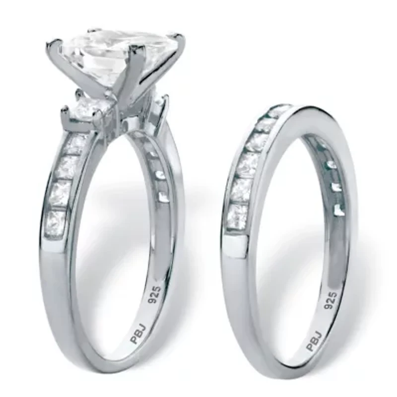 3.62 Cttw 2-Piece Platinum Plated .925 Silver Cubic Zirconia Wedding Ring Set