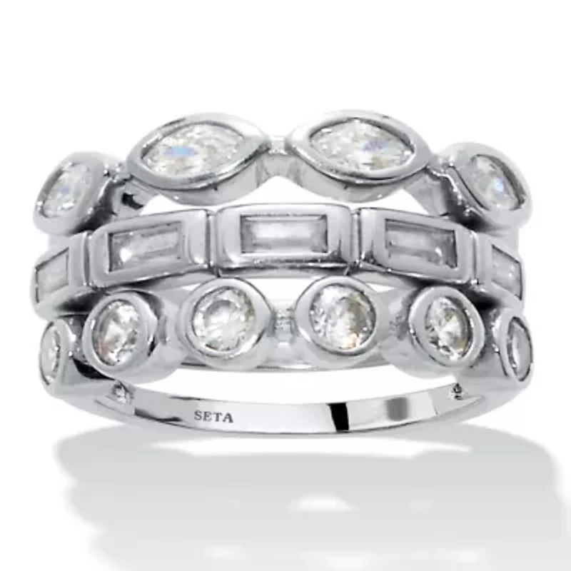 3-Set Stack Silvertone Multi-Shape Ring Set