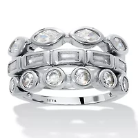 3-Set Stack Silvertone Multi-Shape Ring Set