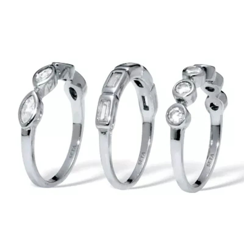 3-Set Stack Silvertone Multi-Shape Ring Set