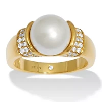 .32 TCW CZ and Round Simulated Pearl Yellow Gold-Plated Ring