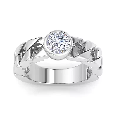 Lab Created Mens / Carat Round Shape Grown Diamond Bezel Set Solitaire Ring Sterling Silver