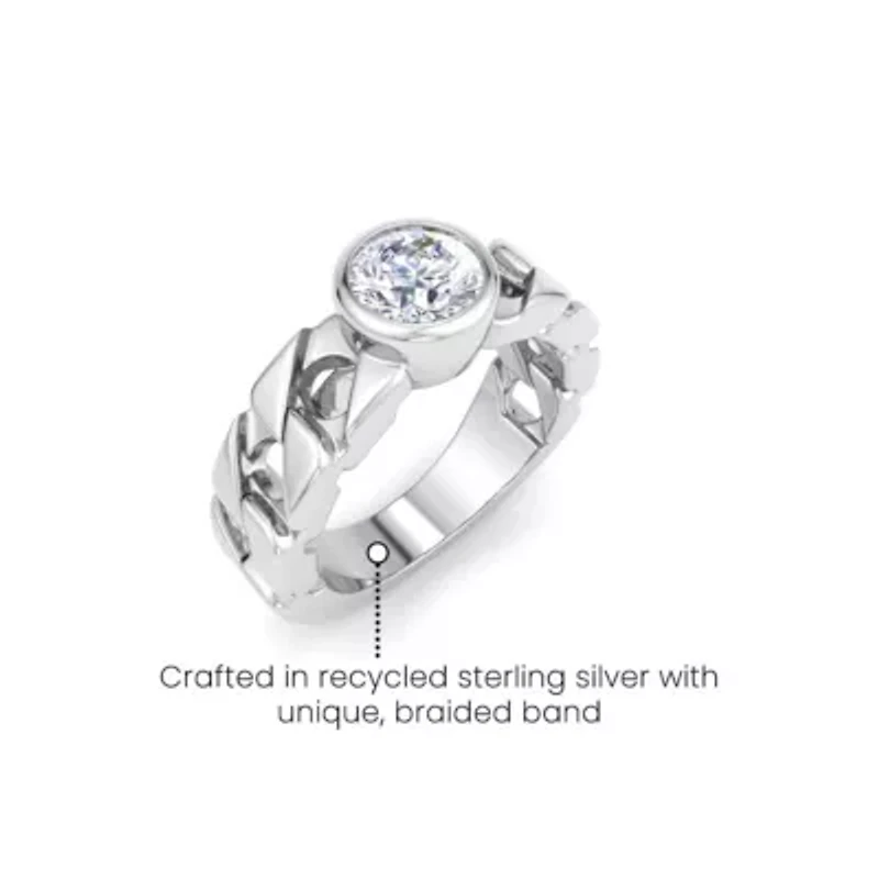Lab Created Mens / Carat Round Shape Grown Diamond Bezel Set Solitaire Ring Sterling Silver