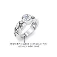 Lab Created Mens / Carat Round Shape Grown Diamond Bezel Set Solitaire Ring Sterling Silver