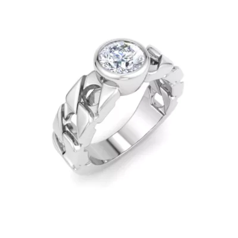 Lab Created Mens / Carat Round Shape Grown Diamond Bezel Set Solitaire Ring Sterling Silver