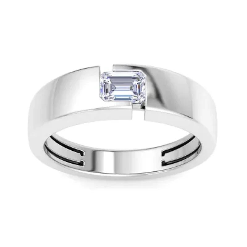 Lab Created Mens / Carat Emerald Cut Grown Diamond Floating Solitaire Ring Sterling Silver
