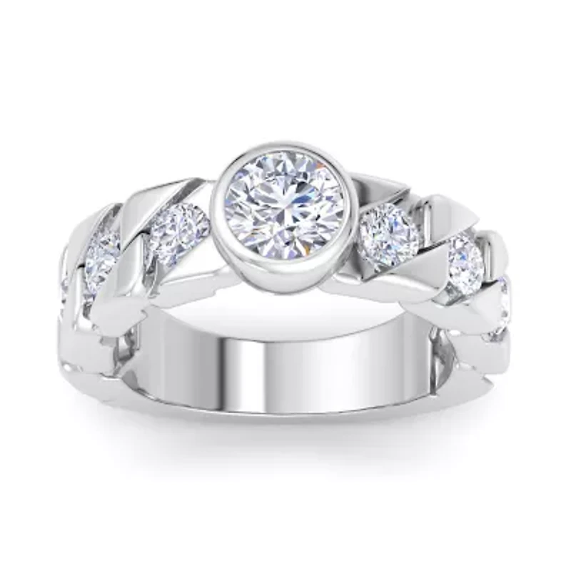 Lab Created Mens / Carat Round Shape Grown Diamond Bezel Set Solitaire Ring Sterling Silver