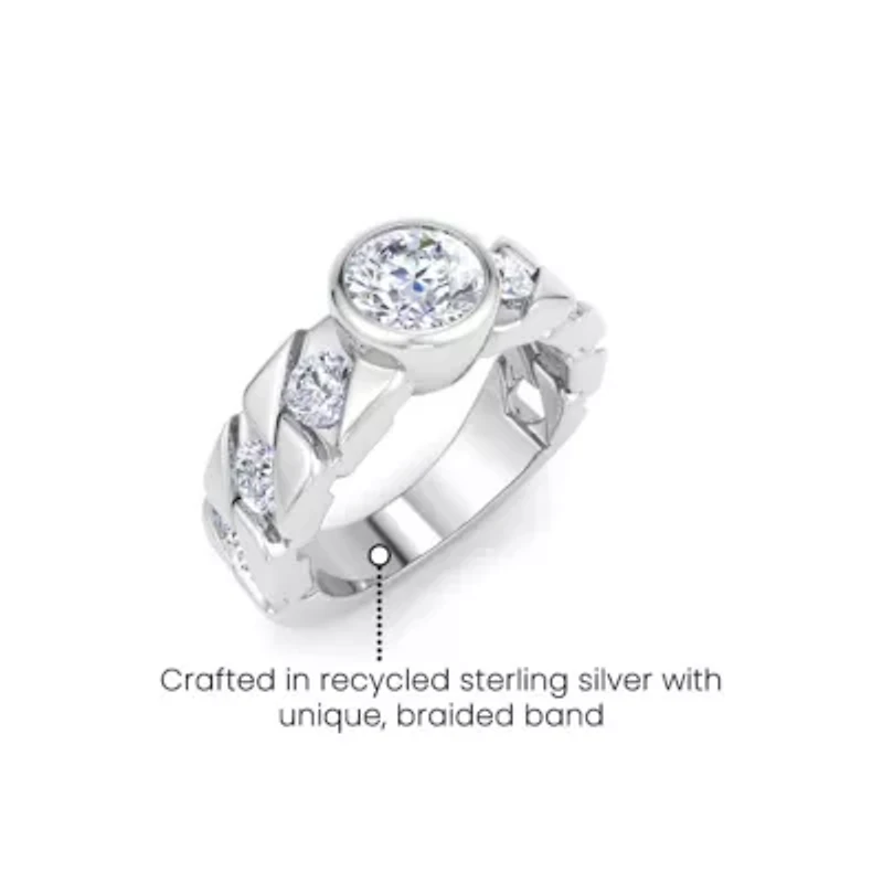 Lab Created Mens / Carat Round Shape Grown Diamond Bezel Set Solitaire Ring Sterling Silver