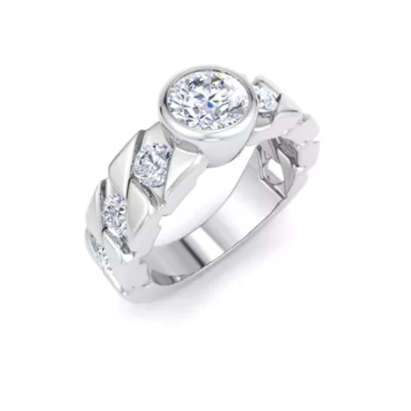 Lab Created Mens / Carat Round Shape Grown Diamond Bezel Set Solitaire Ring Sterling Silver