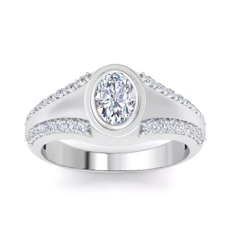Lab Created Mens 1 1/2 Carat Oval Shape Grown Diamond Ring Sterling Silver