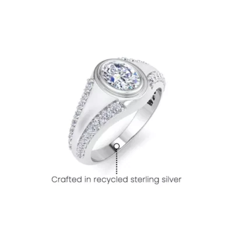 Lab Created Mens 1 1/2 Carat Oval Shape Grown Diamond Ring Sterling Silver