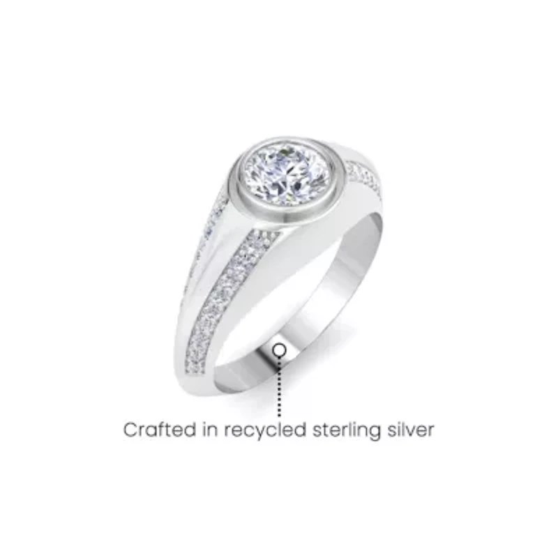 Lab Created Mens 1 1/2 Carat Round Shape Grown Diamond Ring Sterling Silver