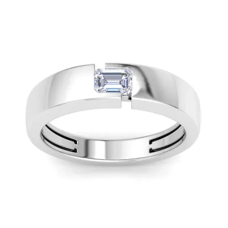 Lab Created Mens / Carat Emerald Cut Grown Diamond Floating Solitaire Ring Sterling Silver