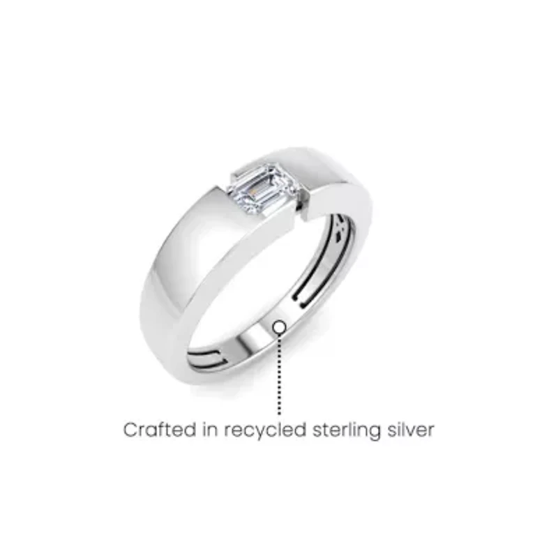 Lab Created Mens / Carat Emerald Cut Grown Diamond Floating Solitaire Ring Sterling Silver