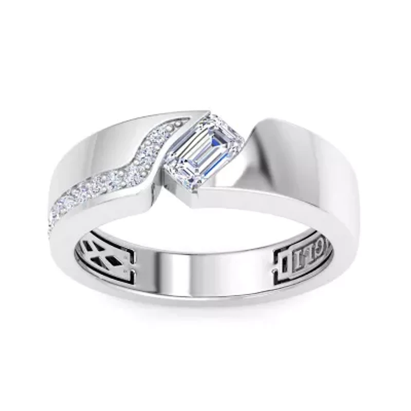 Lab Created Mens 1 Carat Emerald Cut Grown Diamond Floating Ring Sterling Silver