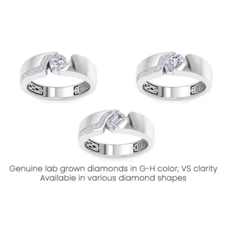 Lab Created Mens 1 Carat Emerald Cut Grown Diamond Floating Ring Sterling Silver