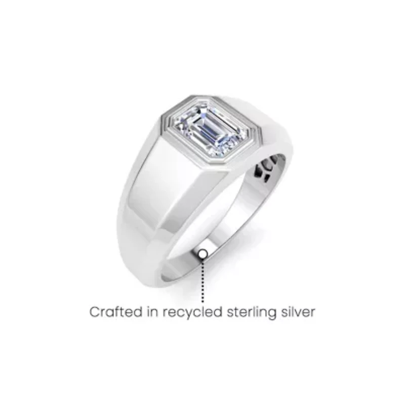 Lab Created Mens 1 Carat Emerald Cut Grown Diamond Solitaire Ring Sterling Silver
