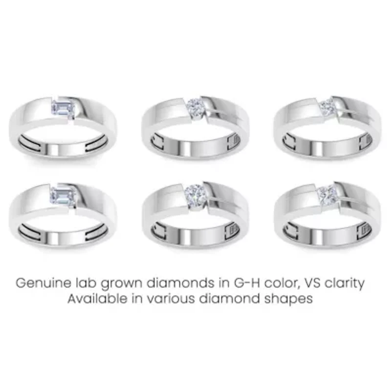 Lab Created Mens 1/ Carat Round Shape Grown Diamond Floating Solitaire Ring Sterling Silver