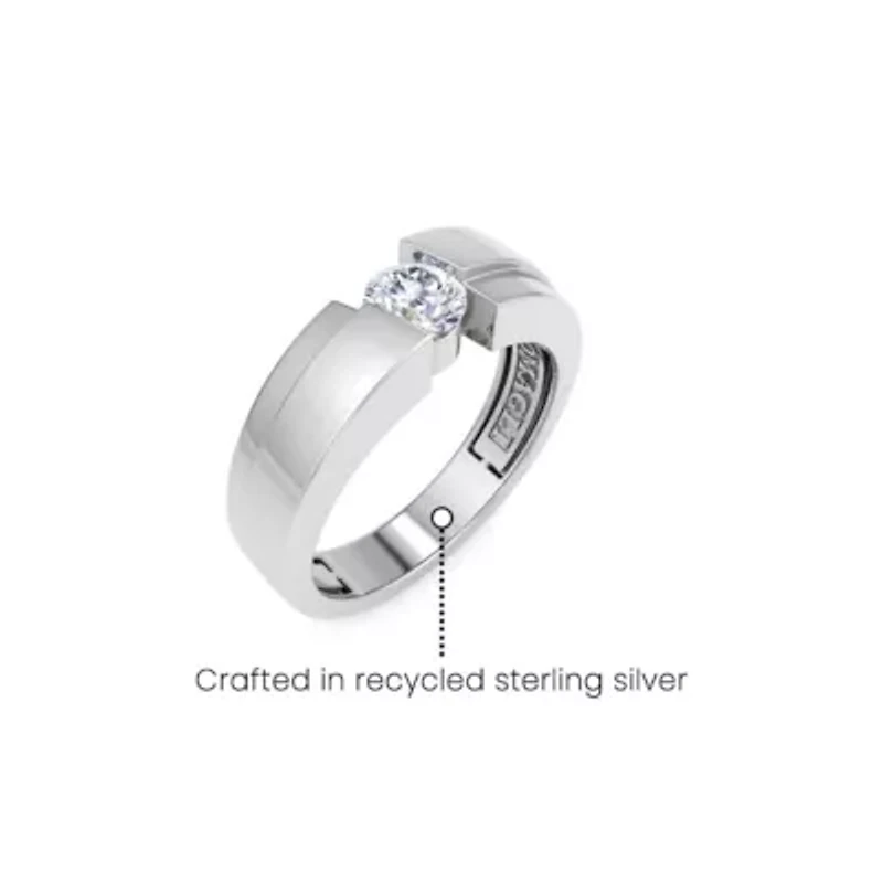 Lab Created Mens 1/ Carat Round Shape Grown Diamond Floating Solitaire Ring Sterling Silver