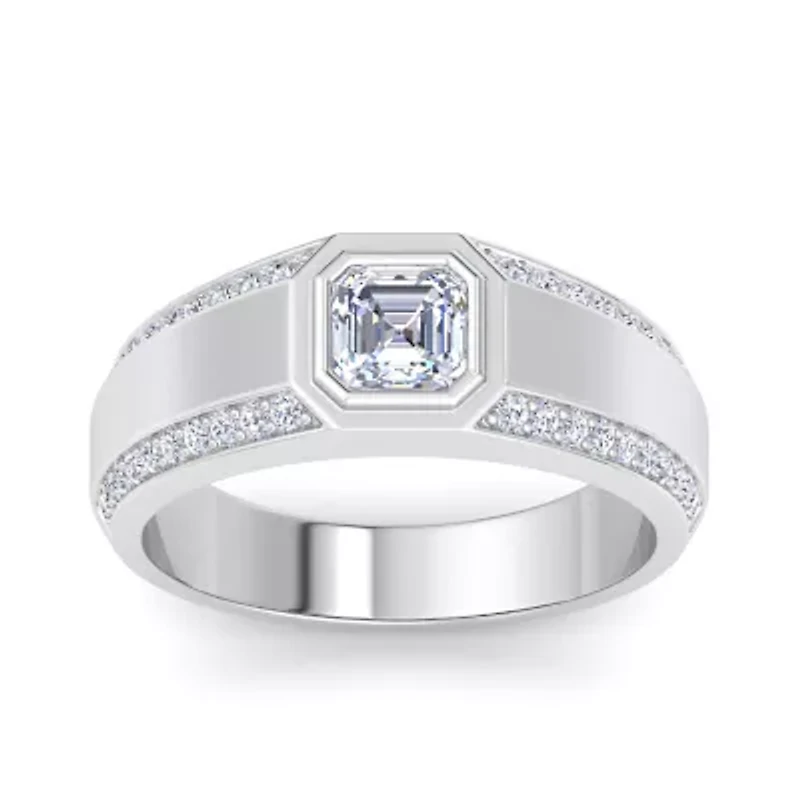 Lab Created Mens 1 1/2 Carat Asscher Cut Grown Diamond Ring Sterling Silver