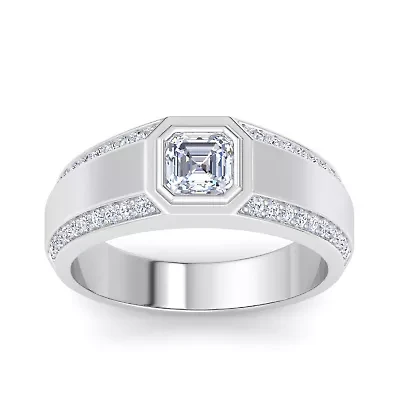 Lab Created Mens 1 1/2 Carat Asscher Cut Grown Diamond Ring Sterling Silver