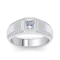 Lab Created Mens 1 1/2 Carat Asscher Cut Grown Diamond Ring Sterling Silver