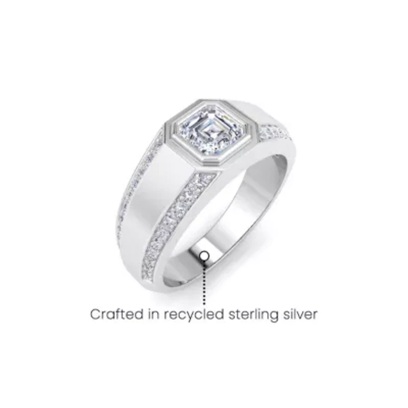 Lab Created Mens 1 1/2 Carat Asscher Cut Grown Diamond Ring Sterling Silver