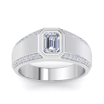 Lab Created Mens 1 1/2 Carat Emerald Cut Grown Diamond Ring Sterling Silver