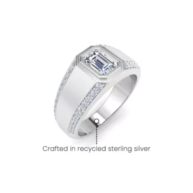 Lab Created Mens 1 1/2 Carat Emerald Cut Grown Diamond Ring Sterling Silver