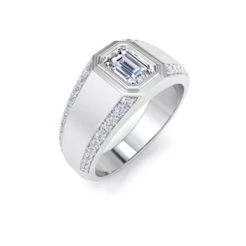 Lab Created Mens 1 1/2 Carat Emerald Cut Grown Diamond Ring Sterling Silver
