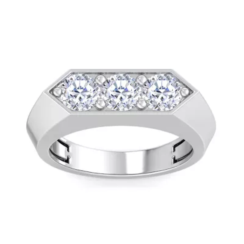 Lab Created Mens 2 Carat Round Shape Grown Diamond Three Stone Ring Sterling Silver