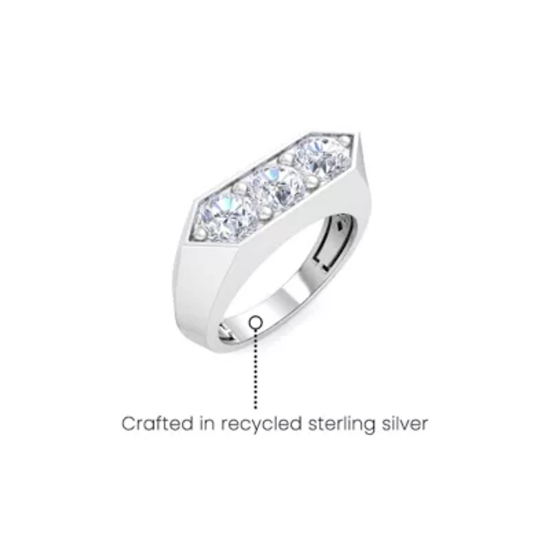 Lab Created Mens 2 Carat Round Shape Grown Diamond Three Stone Ring Sterling Silver