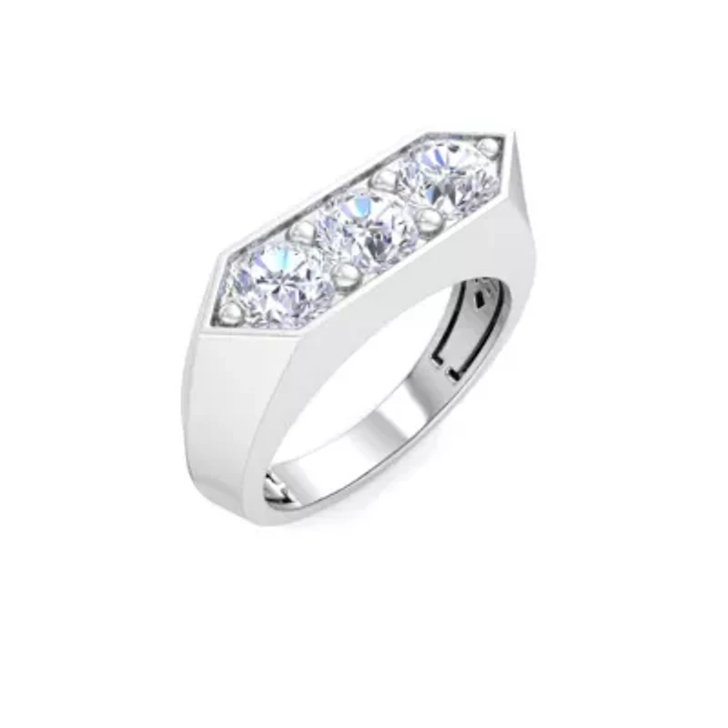 Lab Created Mens 2 Carat Round Shape Grown Diamond Three Stone Ring Sterling Silver