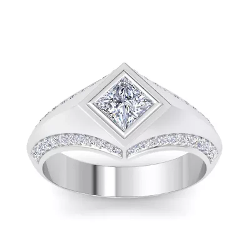 Lab Created Mens 1 1/2 Carat Princess Cut Grown Diamond Ring Sterling Silver