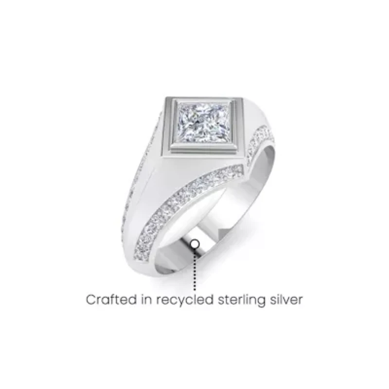 Lab Created Mens 1 1/2 Carat Princess Cut Grown Diamond Ring Sterling Silver