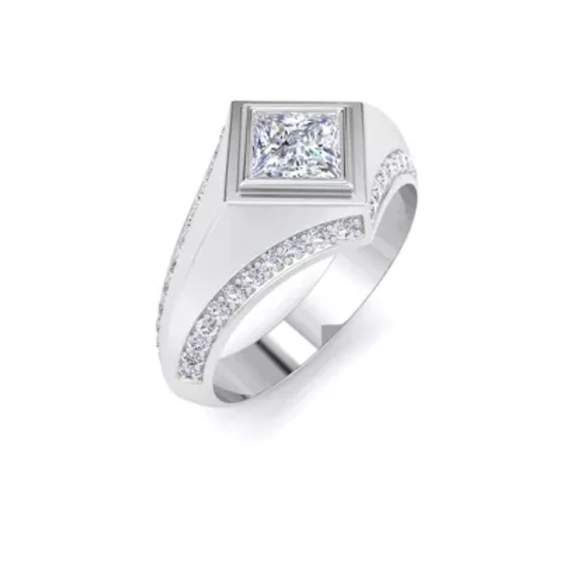 Lab Created Mens 1 1/2 Carat Princess Cut Grown Diamond Ring Sterling Silver