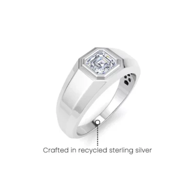Lab Created Mens 1 Carat Asscher Cut Grown Diamond Solitaire Ring Sterling Silver