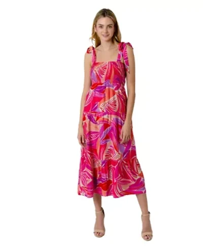 Henri Palm Print Smocked Bodice Midi Dress