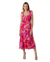 Henri Palm Print Smocked Bodice Midi Dress