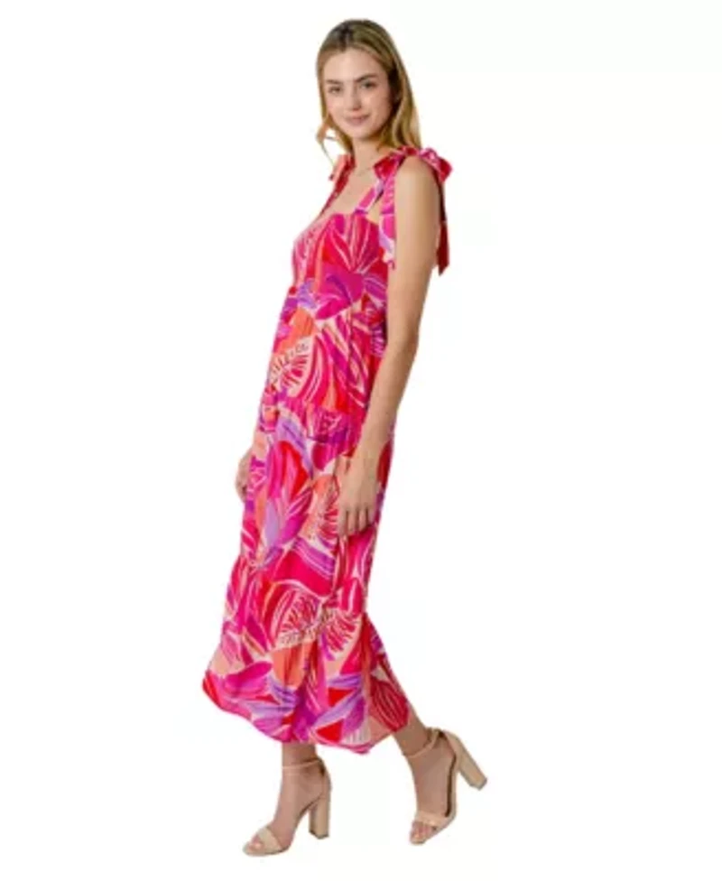 Henri Palm Print Smocked Bodice Midi Dress