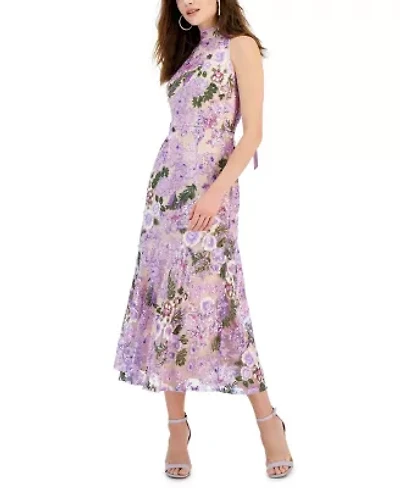 Floral Lace Sequin High Neck Dress