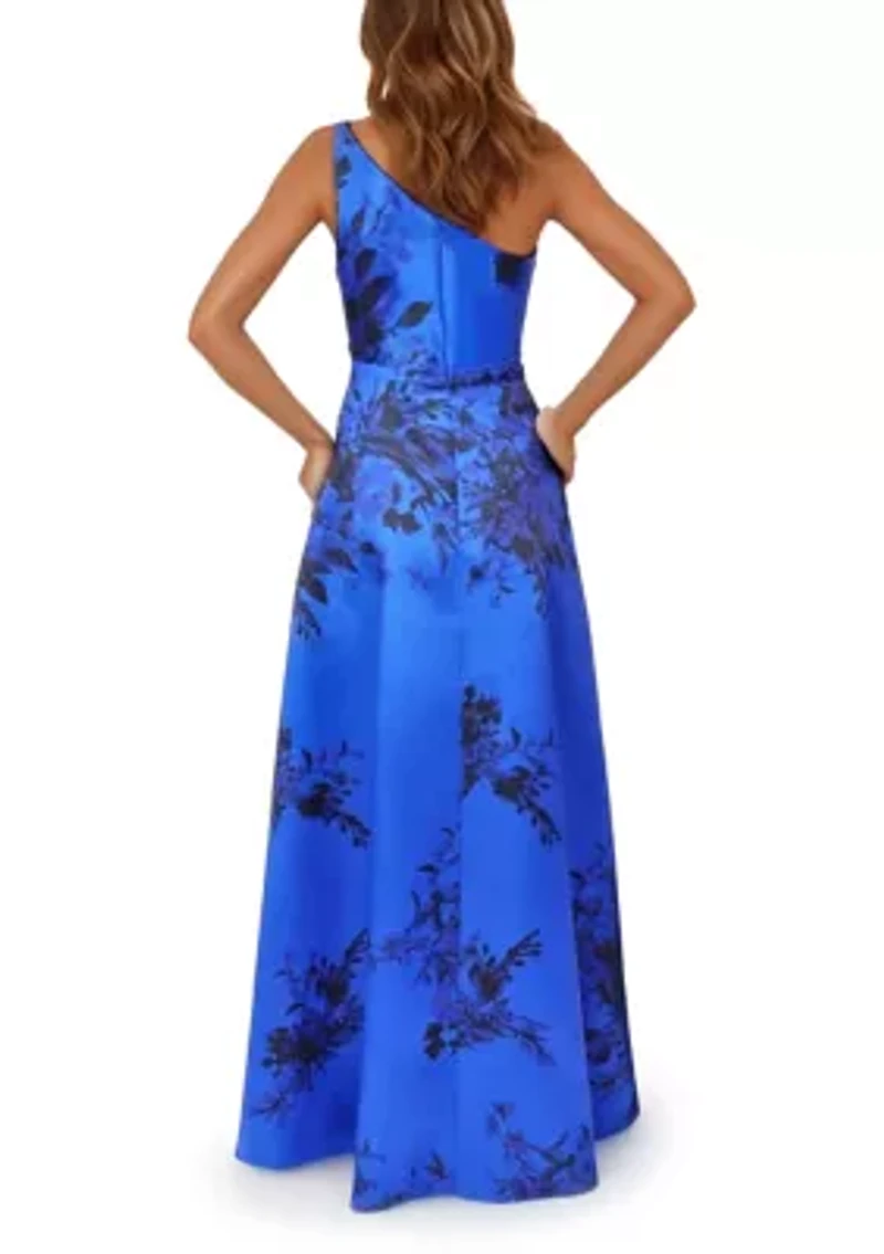 Women's One-Shoulder Neckline Printed Jacquard Formal Gown