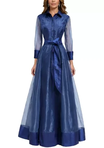 Women's Long Sleeve Organza Midi Shirtdress Gown