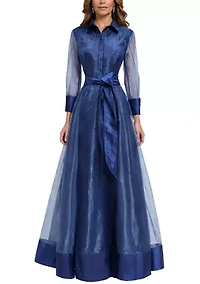 Women's Long Sleeve Organza Midi Shirtdress Gown