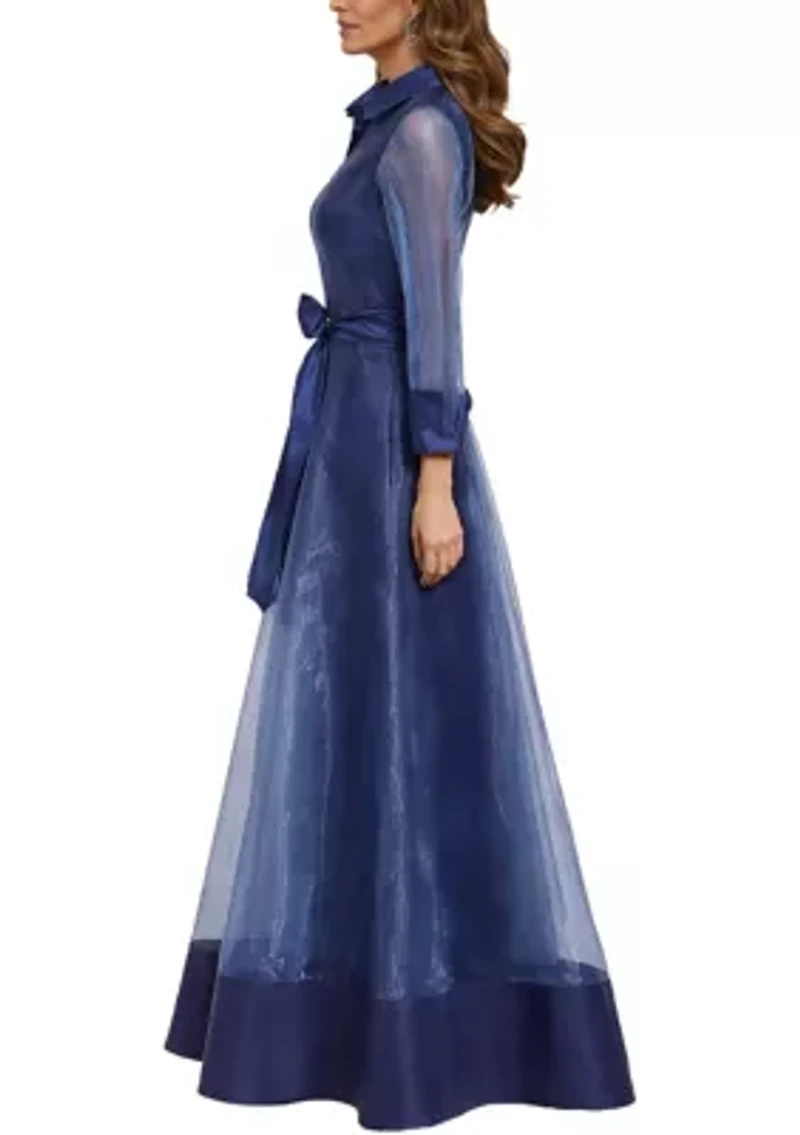 Women's Long Sleeve Organza Midi Shirtdress Gown