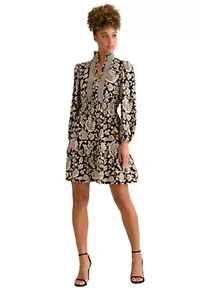 SMOCKED WAIST RUFFLE NECK LONG SLEEVE DRESS