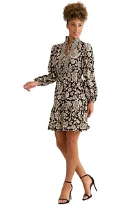 SMOCKED WAIST RUFFLE NECK LONG SLEEVE DRESS